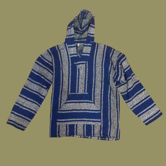 Vintage Mexican Baja Hoodie Blue & Gray Striped Unisex Sweater Poncho (Size XL) - Picture 3 of 7